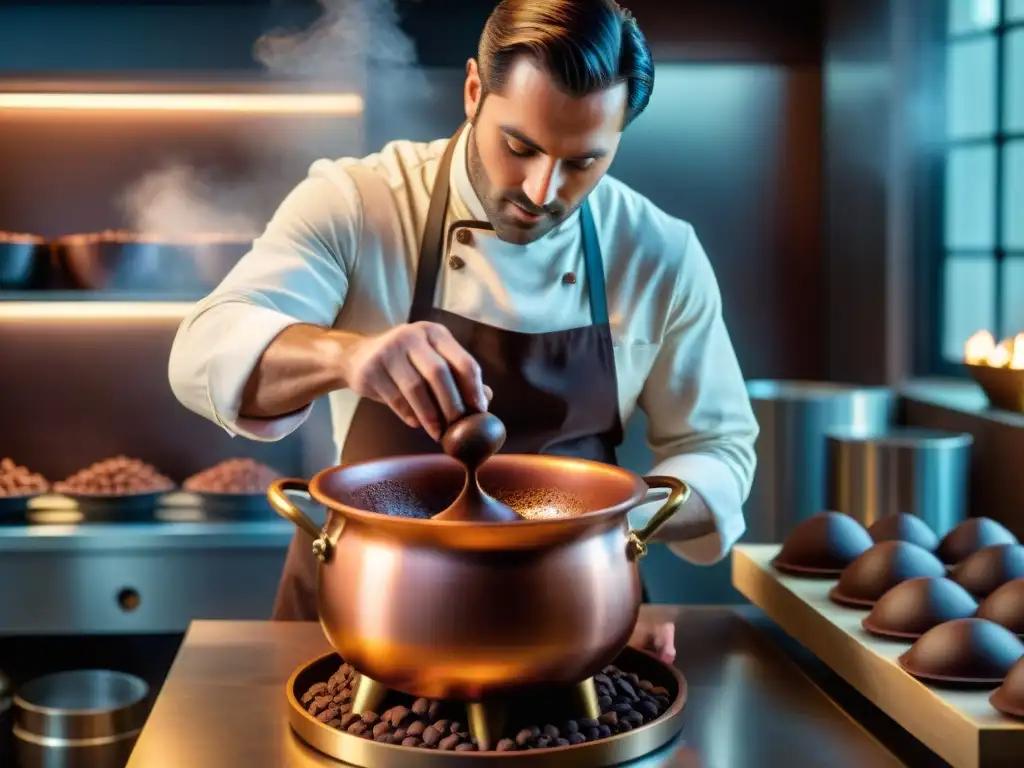 Un maestro chocolatero mezcla con destreza el chocolate en un caldero de cobre, rodeado de granos de cacao exóticos