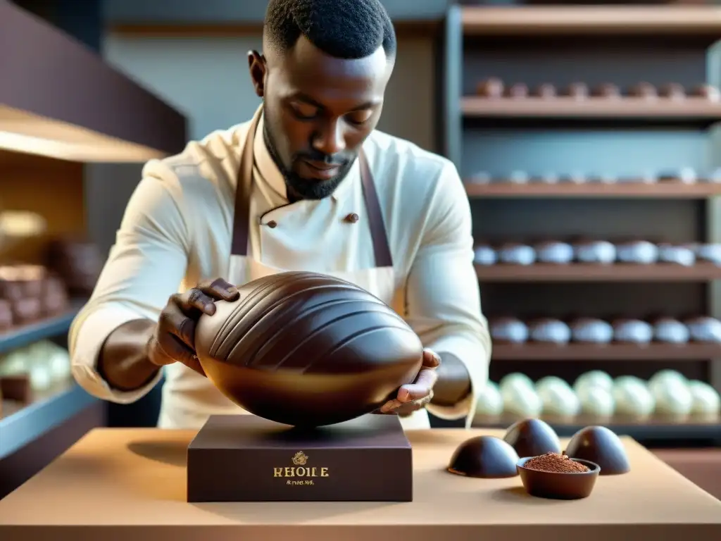 Un maestro chocolatero moldea con destreza una escultura de chocolate, destacando la precisión y arte en la chocolatería artesanal