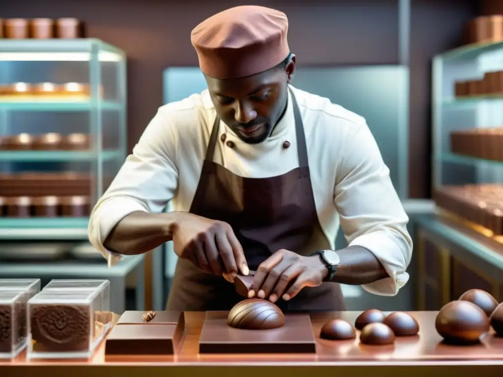 Un maestro chocolatero esculpe con destreza una escultura de chocolate en un taller artesanal, destacando la Consistencia en chocolatería artesanal