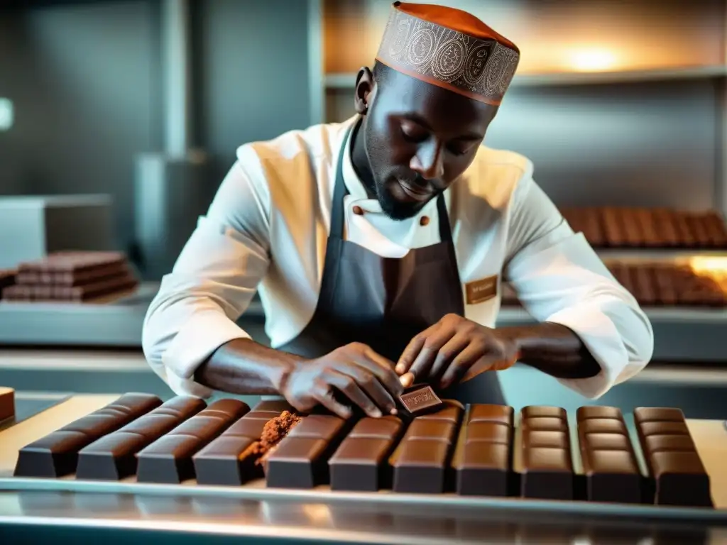 Un maestro chocolatero elaborando con destreza un exquisito chocolate artesanal en un taller moderno y sofisticado