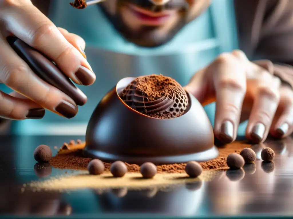 Un maestro chocolatero elabora con destreza un exquisito trufa de chocolate, mostrando el proceso detallado de creación