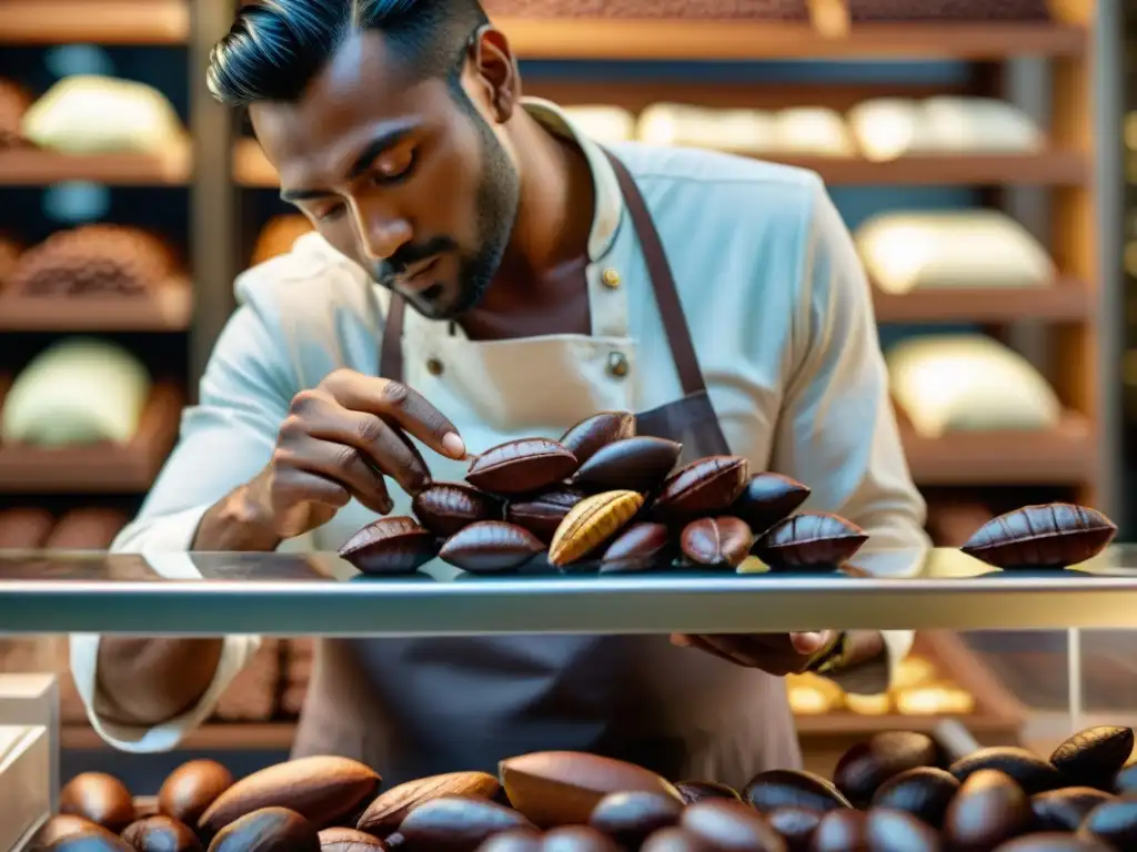 Un maestro chocolatero selecciona con destreza los mejores granos de cacao, destacando la riqueza y complejidad natural del ingrediente crudo