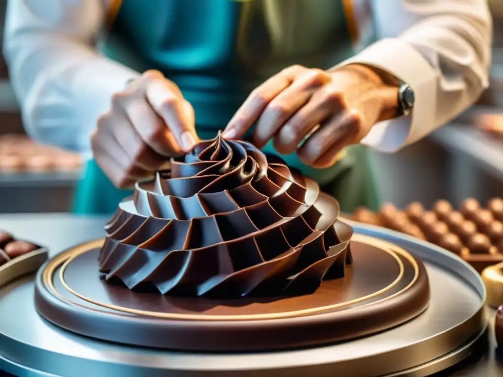 Un maestro chocolatero crea una escultura de chocolate, con detalles intrincados y precisos