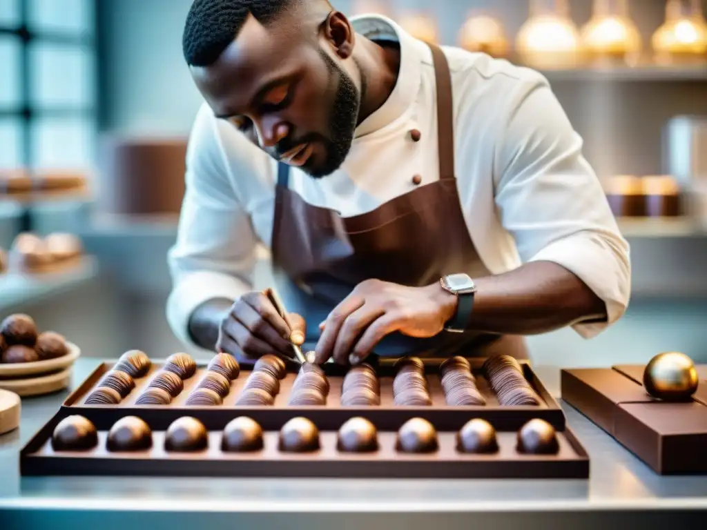 Un maestro chocolatero creando una escultura de chocolate con técnicas vanguardia en un laboratorio moderno