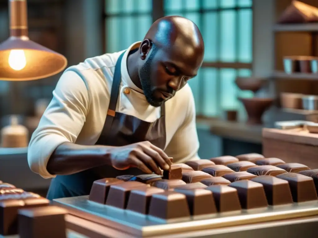 Un maestro chocolatero crea una escultura de chocolate con meticulosidad en un taller tradicional, resaltando el contraste entre el arte del chocolate artesanal y la uniformidad industrial