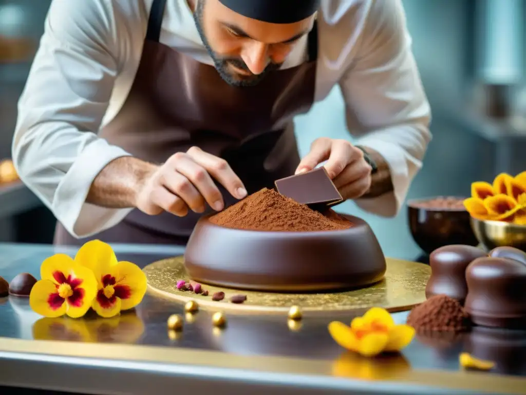 Un maestro chocolatero crea esculturas de chocolate artesanal con precisión y creatividad, siguiendo las tendencias chocolate artesanal 2021