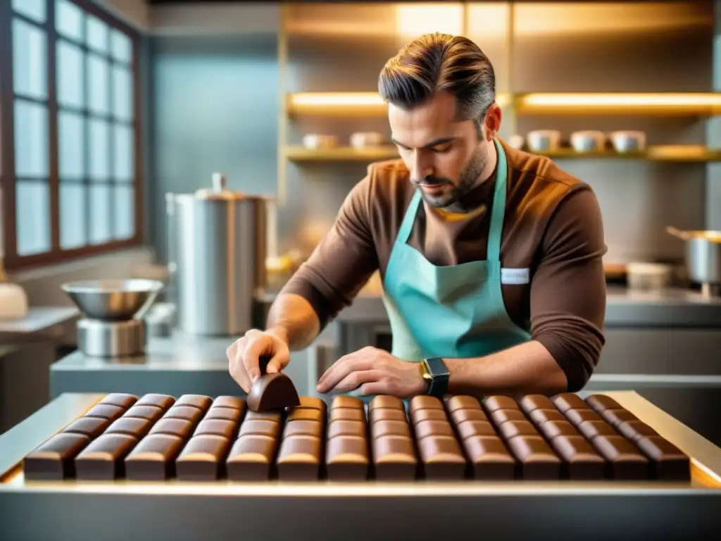 Un maestro chocolatero experto fabricando chocolate artesanal gourmet con dedicación y destreza en una cocina luminosa