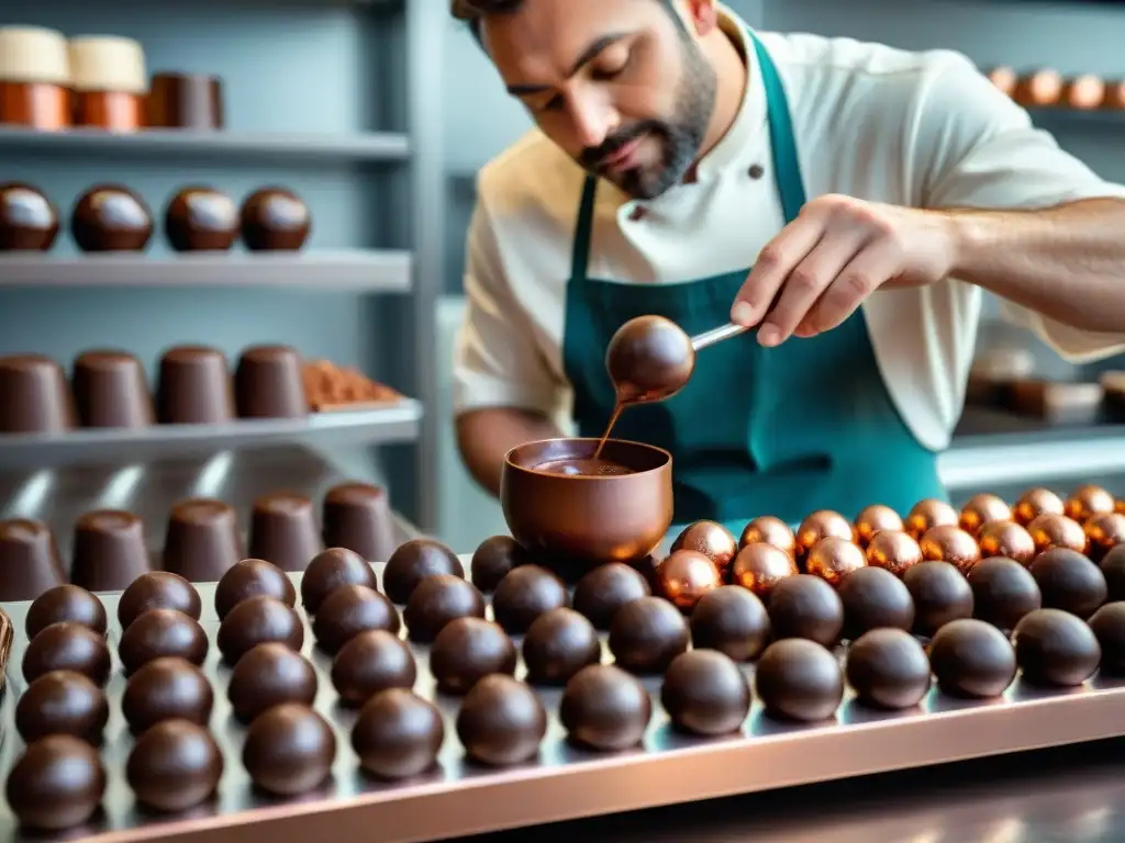 Un maestro chocolatero experto en chocolatería artesanal, creando trufas con delicadeza y destreza en un taller lleno de cacao y utensilios de cobre