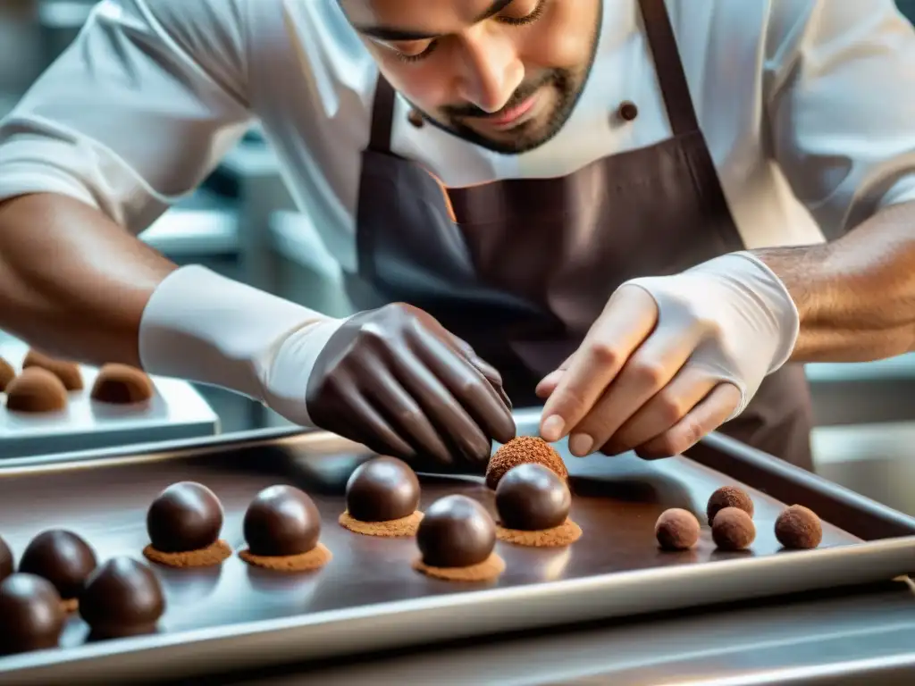 Un maestro chocolatero experto en chocolatería artesanal, creando trufas con precisión y detalle