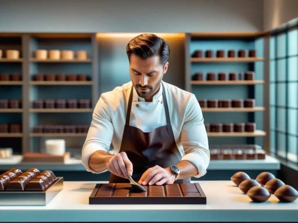 Un maestro chocolatero experto elaborando con meticulosidad una barra de chocolate oscuro en su taller soleado y pulcro