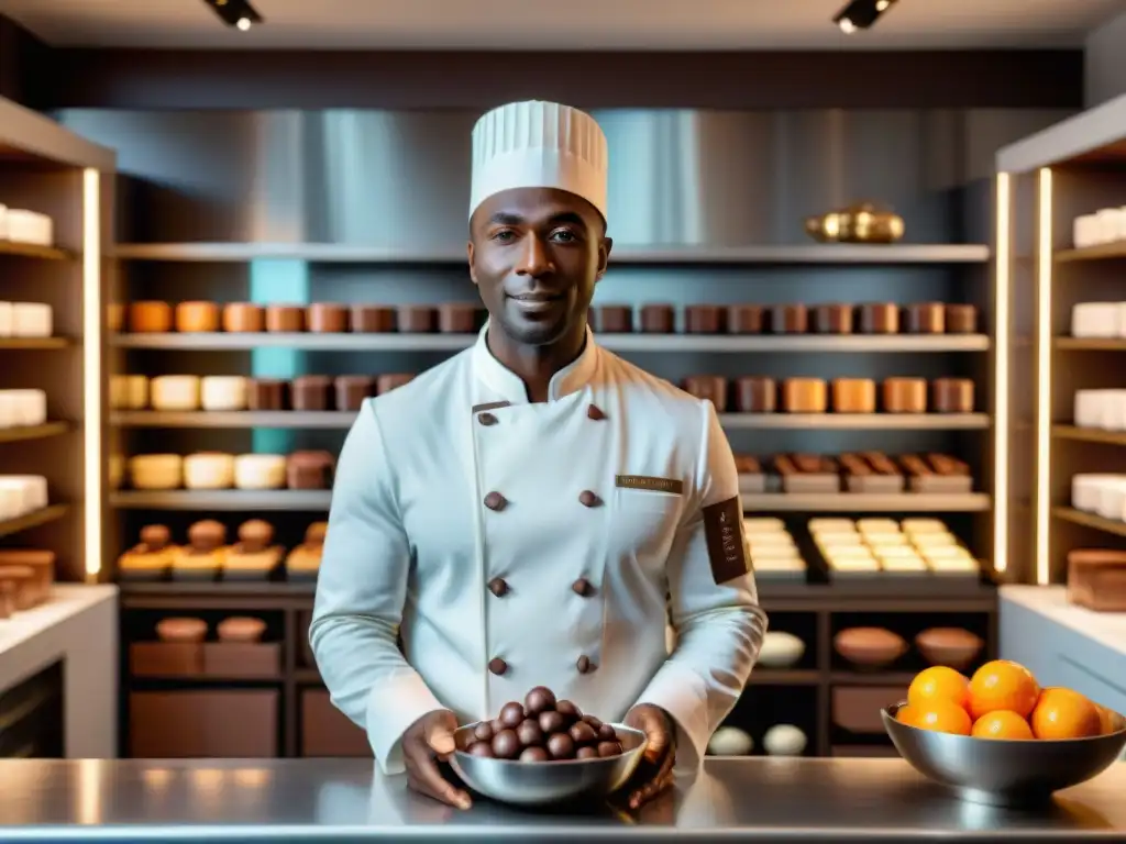 Un maestro chocolatero experto en su moderno estudio de cocina, creando con destreza chocolate brillante