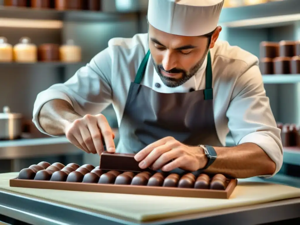 Un maestro chocolatero experto moldea con técnicas modernas chocolate artesanal en un detallado y lujoso proceso de creación