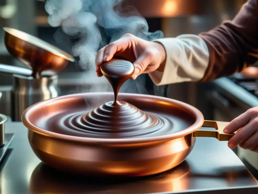 Un maestro chocolatero experto en temperatura en fabricación de chocolate artesanal, trabaja con precisión en su taller iluminado cálidamente