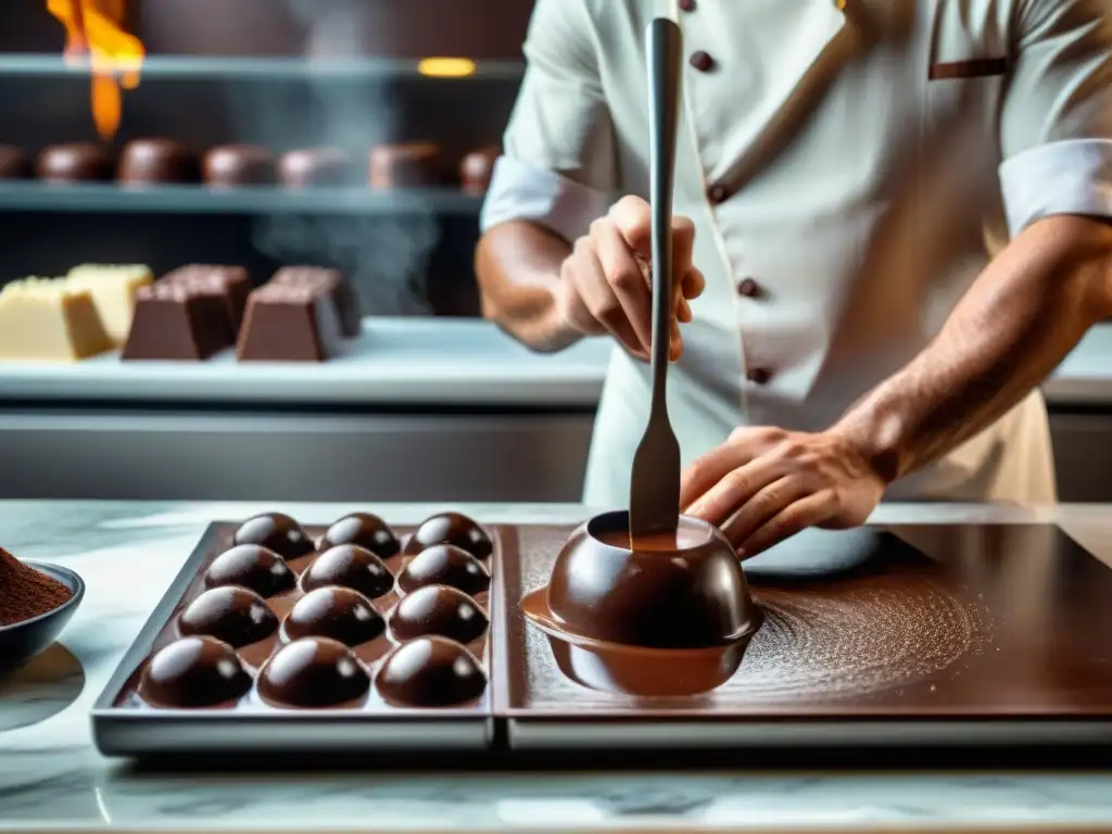 Un maestro chocolatero experto en templado de chocolate, creando una textura perfecta en una superficie de mármol