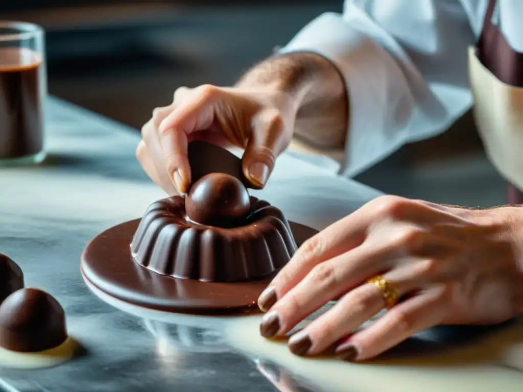 Un maestro chocolatero experto en templado de chocolate moldea con precisión en una superficie de mármol, reflejando una textura perfecta