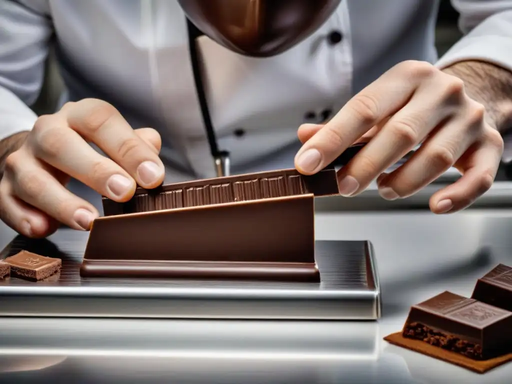 Un maestro chocolatero experto en templado de chocolate crea una textura perfecta en una lujosa cocina moderna