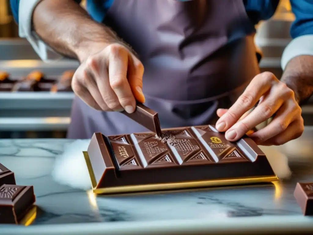 Un maestro chocolatero temperando un exquisito chocolate negro en una superficie de mármol