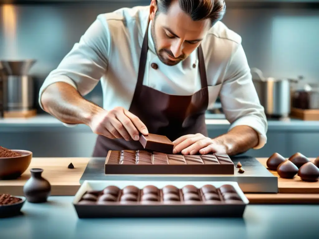 Un maestro chocolatero innovador creando una obra única con precisión y dedicación en su taller de cocina moderno