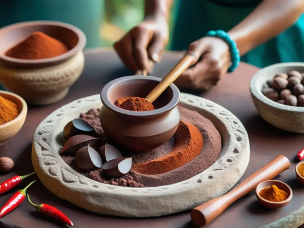 Un maestro chocolatero maya muele cacao en metate rodeado de cacao, barro y especias