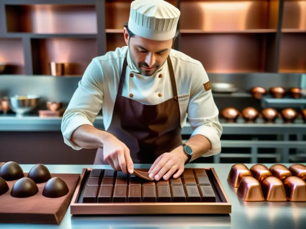 Un maestro chocolatero meticuloso elaborando una barra de chocolate gourmet, en un ambiente sofisticado