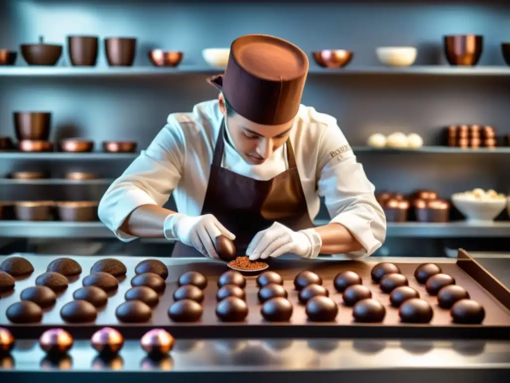 Un maestro chocolatero elaborando praliné rodeado de ingredientes premium en taller artesanal de chocolate gourmet