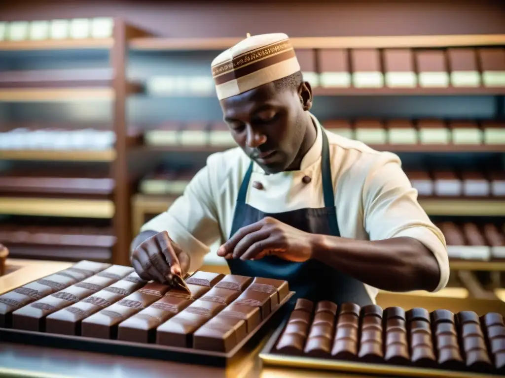 Un maestro chocolatero elabora con precisión un exclusivo chocolate artesanal de origen único