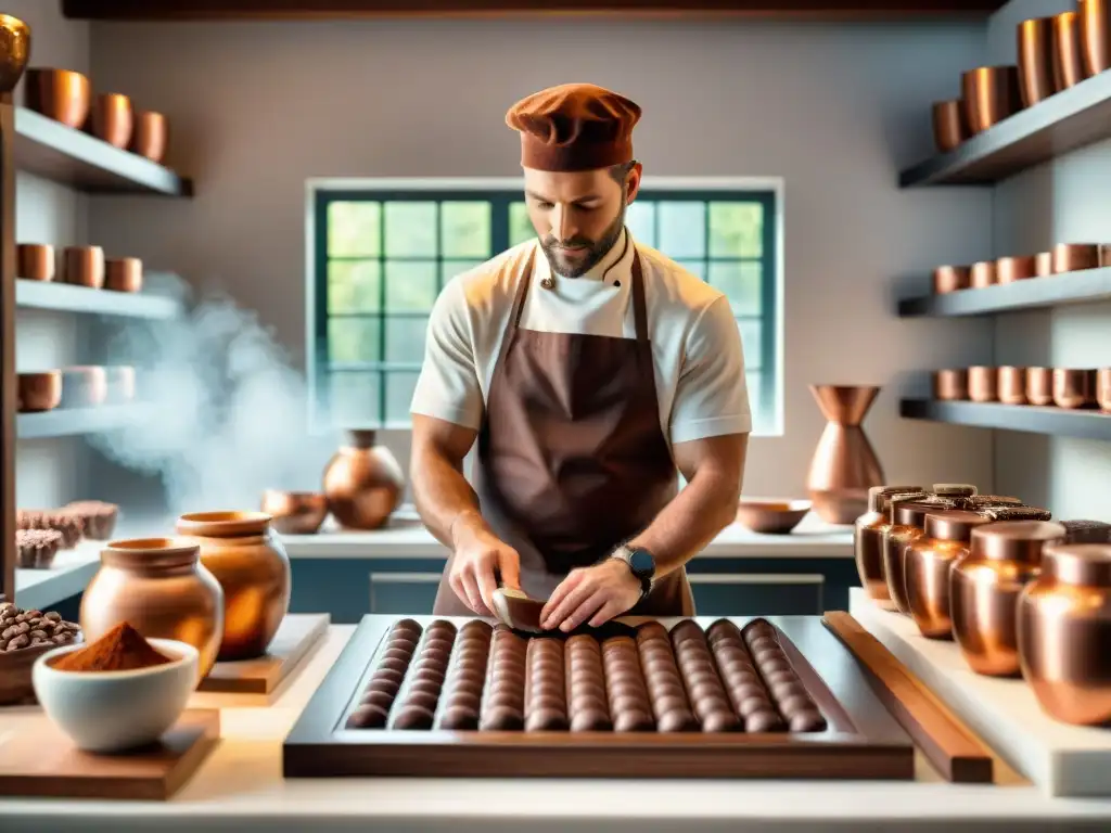 Un maestro chocolatero en su taller artesanal, creando delicias de chocolate con dedicación y tradición