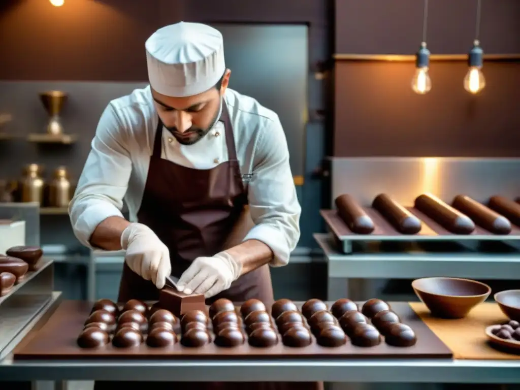 Un maestro chocolatero en su taller tradicional, moldeando chocolate a mano con técnicas ancestrales