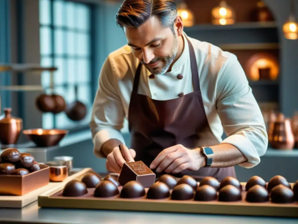 Un maestro chocolatero trabaja con técnicas ancestrales en su taller, creando exquisitos chocolates finos