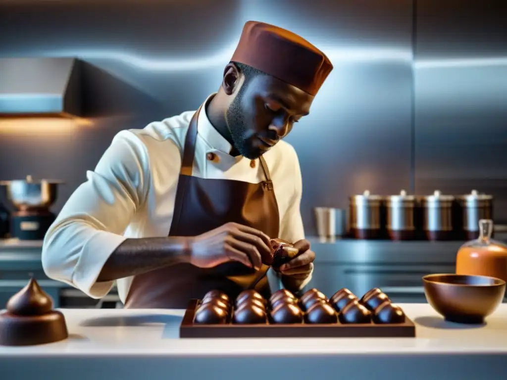 Un maestro chocolatero utilizando técnicas vanguardia chocolate gourmet para esculpir una delicada escultura de chocolate