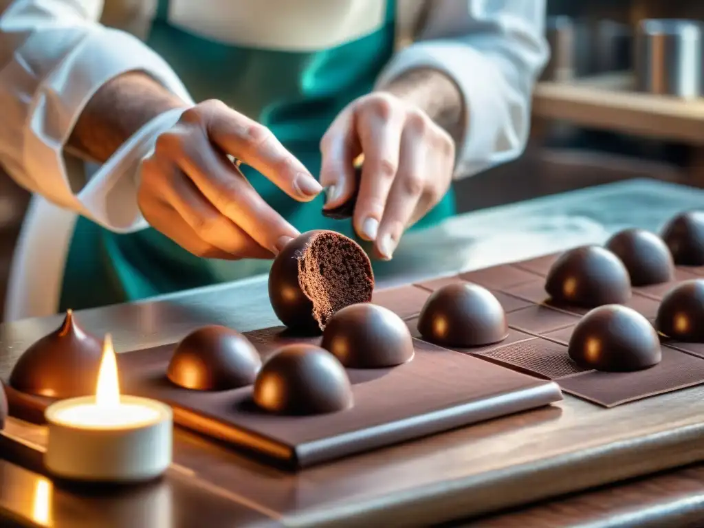 Un maestro chocolatero artesanalmente moldea trufas de chocolate, resaltando la meticulosidad del proceso