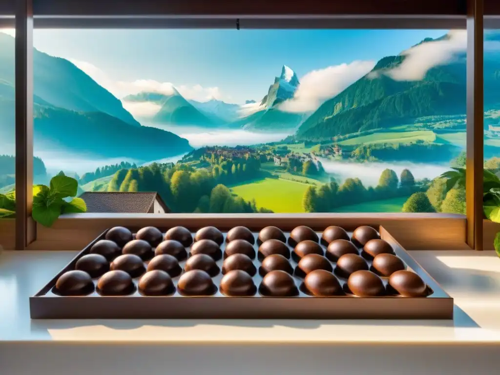 Un maestro chocolatero elabora trufas en una fábrica suiza en los Alpes