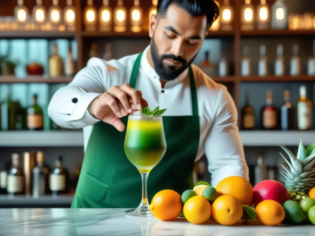 Un maestro coctelero crea un vibrante cóctel en un elegante bar temático botánico, rodeado de ingredientes naturales