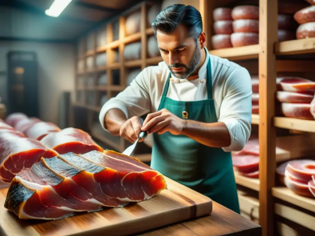 Un maestro cortador en una bodega española tradicional, elaborando Jamón Ibérico