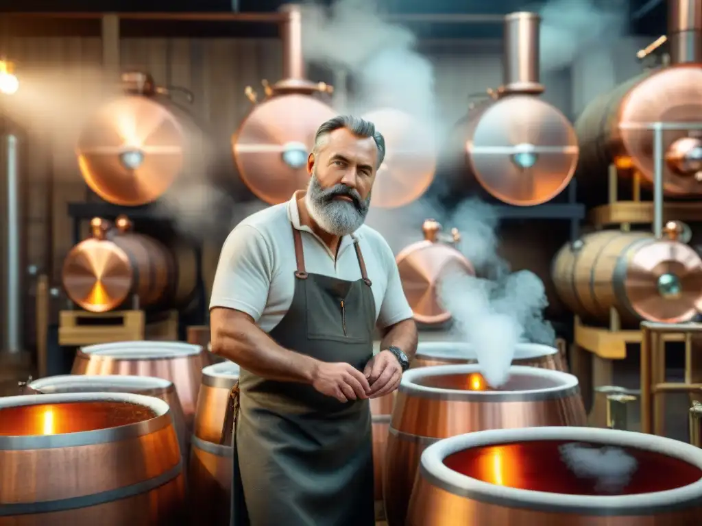 Un maestro destilador en su destilería tradicional, supervisando con atención la destilación de espíritus artesanales para coctelería gourmet