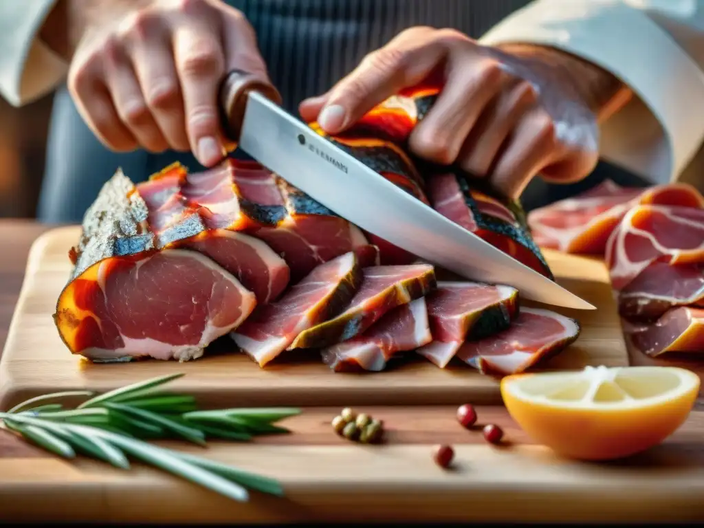 Un maestro cortando jamón ibérico, mostrando la grasa y carne con precisión