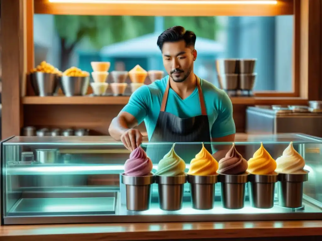 Un maestro heladero artesano crea helado gourmet en una tienda encantadora