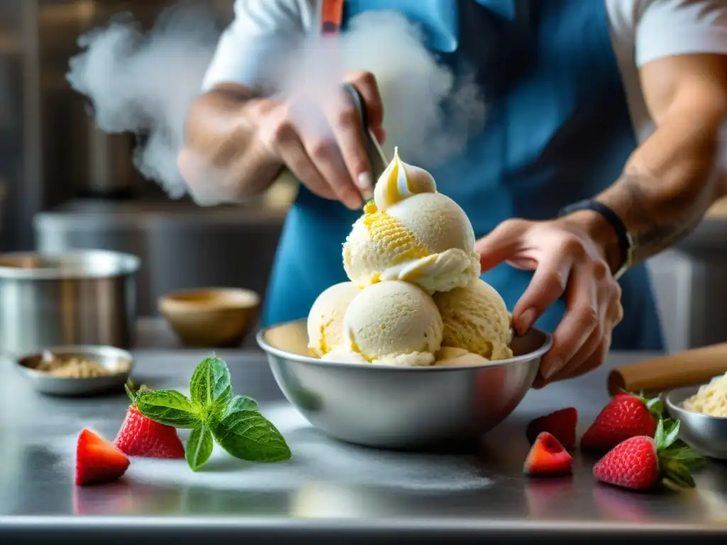 Un maestro heladero preparando un helado gourmet, fusionando ingredientes frescos con destreza, en una cocina bellamente diseñada