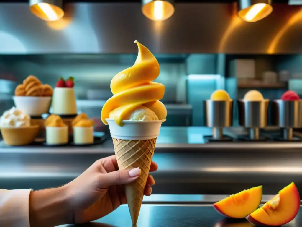 Un maestro heladero en Italia crea un sorbete de mango en una tienda tradicional, destacando las técnicas innovadoras creación helados