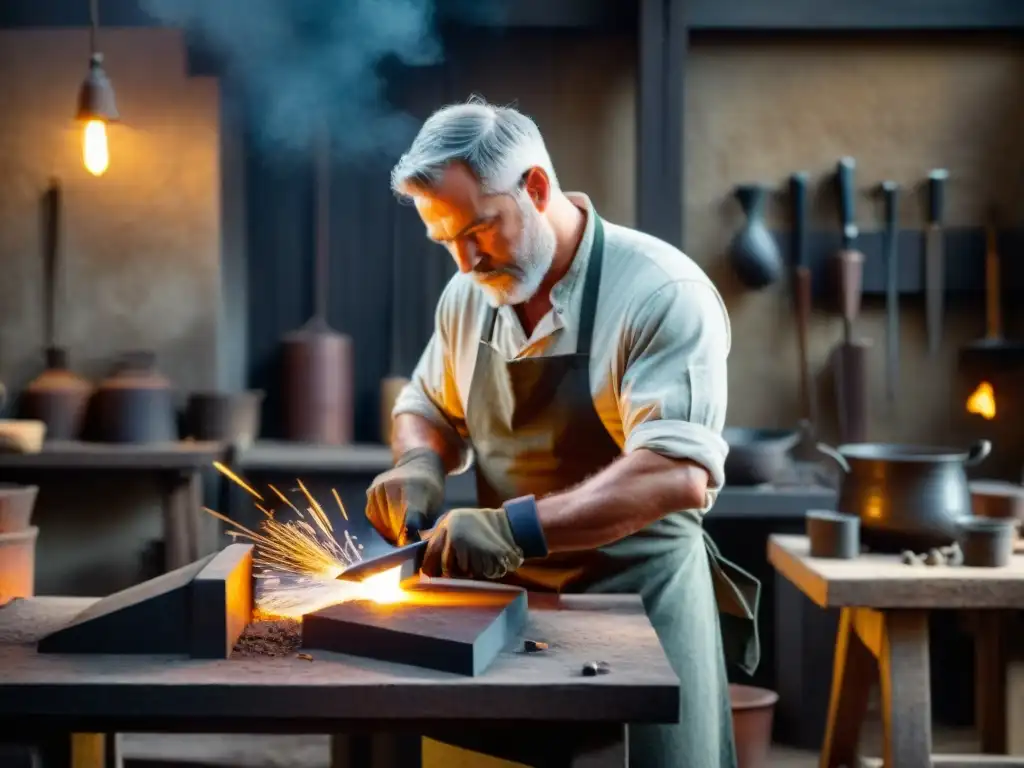 Maestro forjador: arte milenario de la cuchillería Un maestro herrero forja un cuchillo de chef en su taller histórico, mostrando la historia del arte de la cuchillería