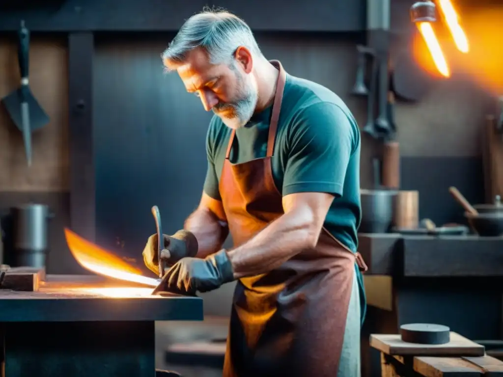 Un maestro herrero forja con precisión un cuchillo exclusivo gourmet en su taller tradicional, rodeado de metal incandescente y herramientas