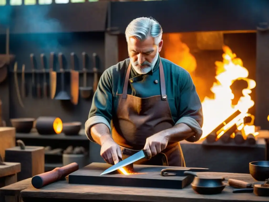 Un maestro herrero en su taller tradicional crea sets de cuchillos exclusivos gourmet entre forjas y herramientas, reflejando artesanía y tradición