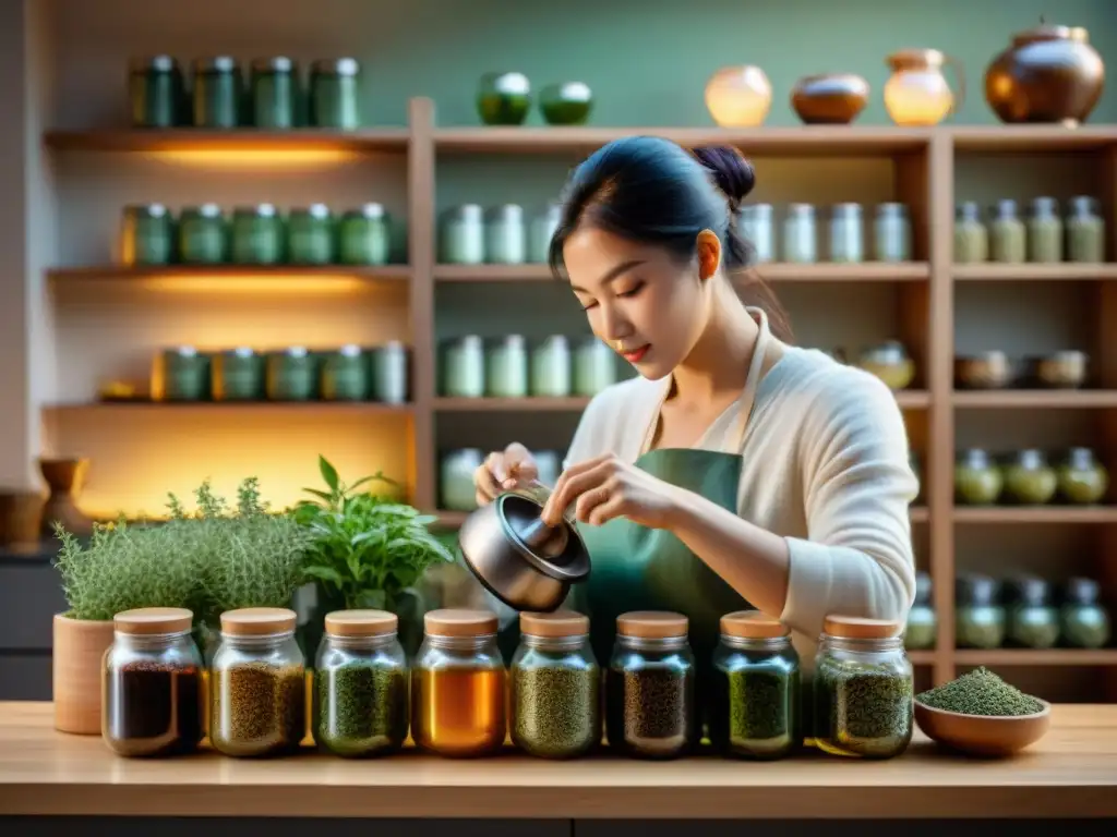 Un maestro infusionador de tés gourmet mezclando hierbas en un ambiente acogedor y lleno de detalles