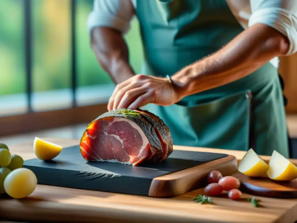 Un maestro cortando jamón curado en tabla de madera, destacando la calidad charcutería artesanal gourmet en entorno campestre europeo