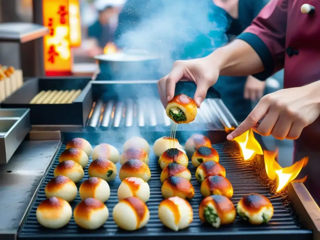 Un maestro Takoyaki japoneses deliciosos crea bolas doradas en una calle bulliciosa de Japón