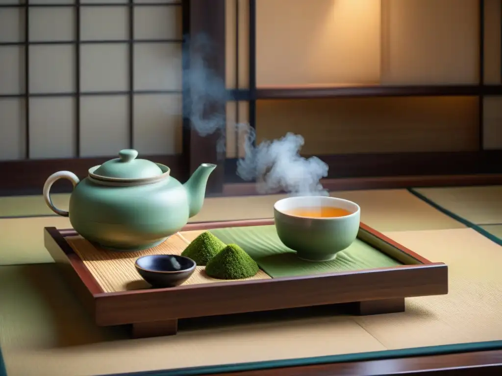 Un maestro de té, en kimono, sirve matcha en una ceremonia japonesa en una sala de tatami serena, rodeado de utensilios de té y flores estacionales