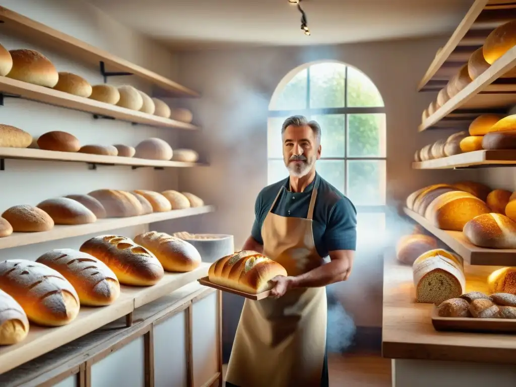 Un maestro panadero artesanal en su panadería rústica, creando pan gourmet con alma