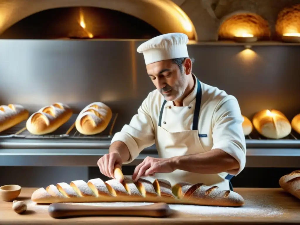 Un maestro panadero francés experto dando forma a una baguette en una panadería rústica y soleada de París