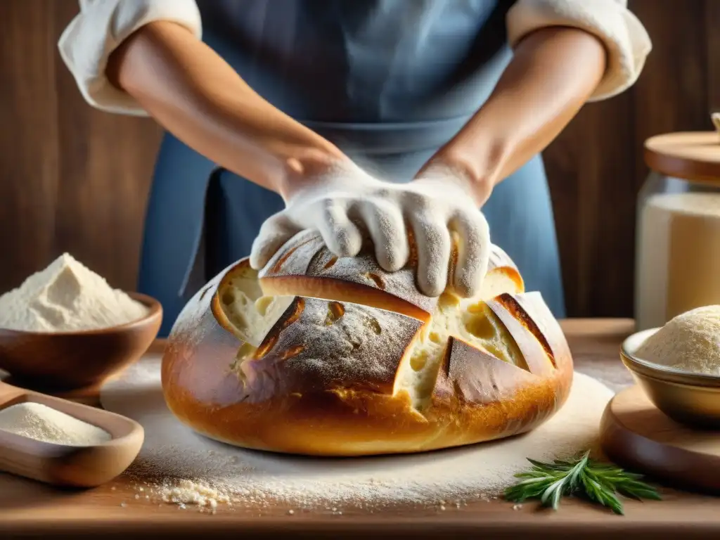 Un maestro panadero moldea con gracia un pan de masa madre, destacando técnicas avanzadas panadería profesionales aficionados