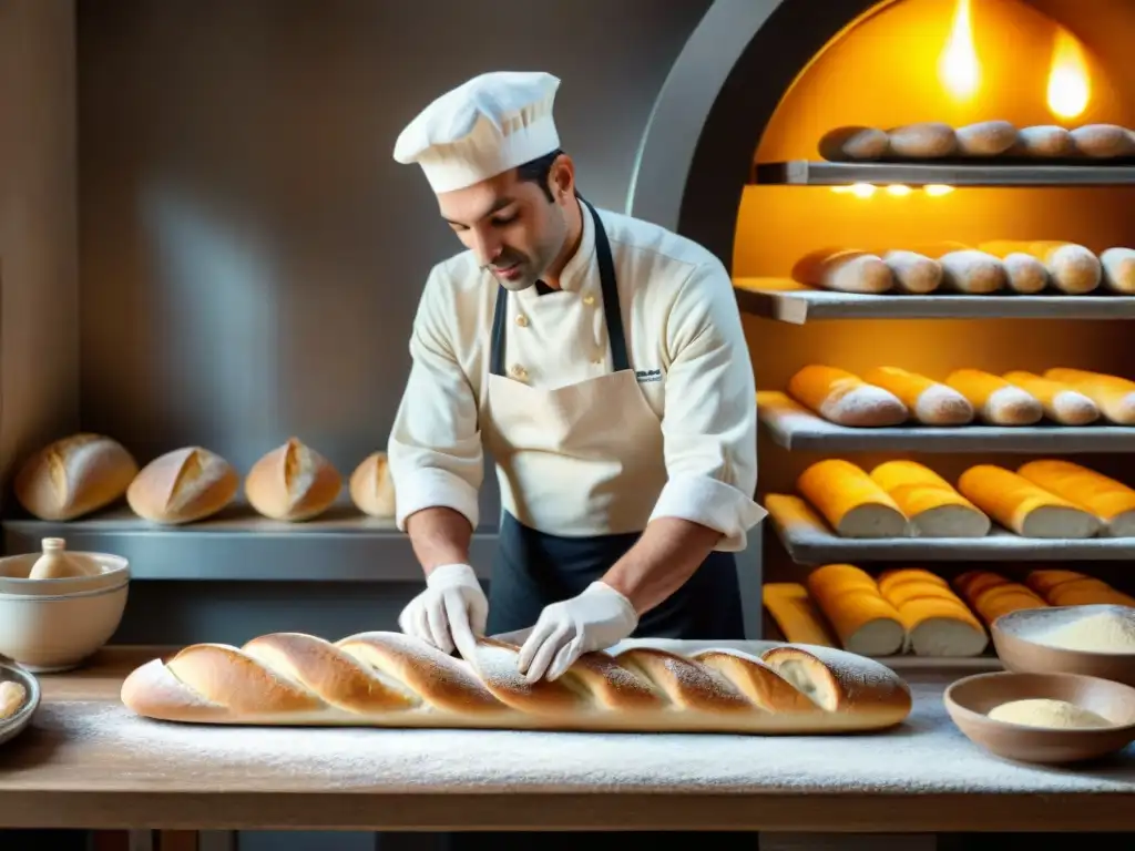 Maestro panadero en París moldeando la masa de baguette con destreza